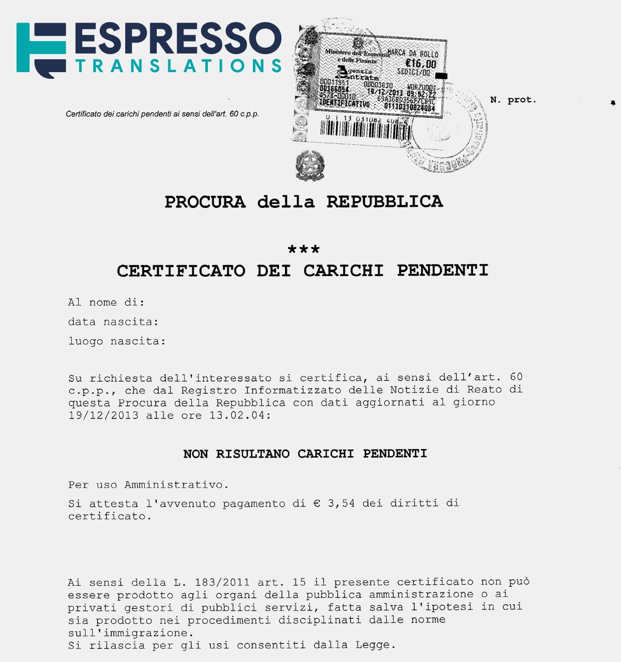 traduzione certificato carichi pendenti